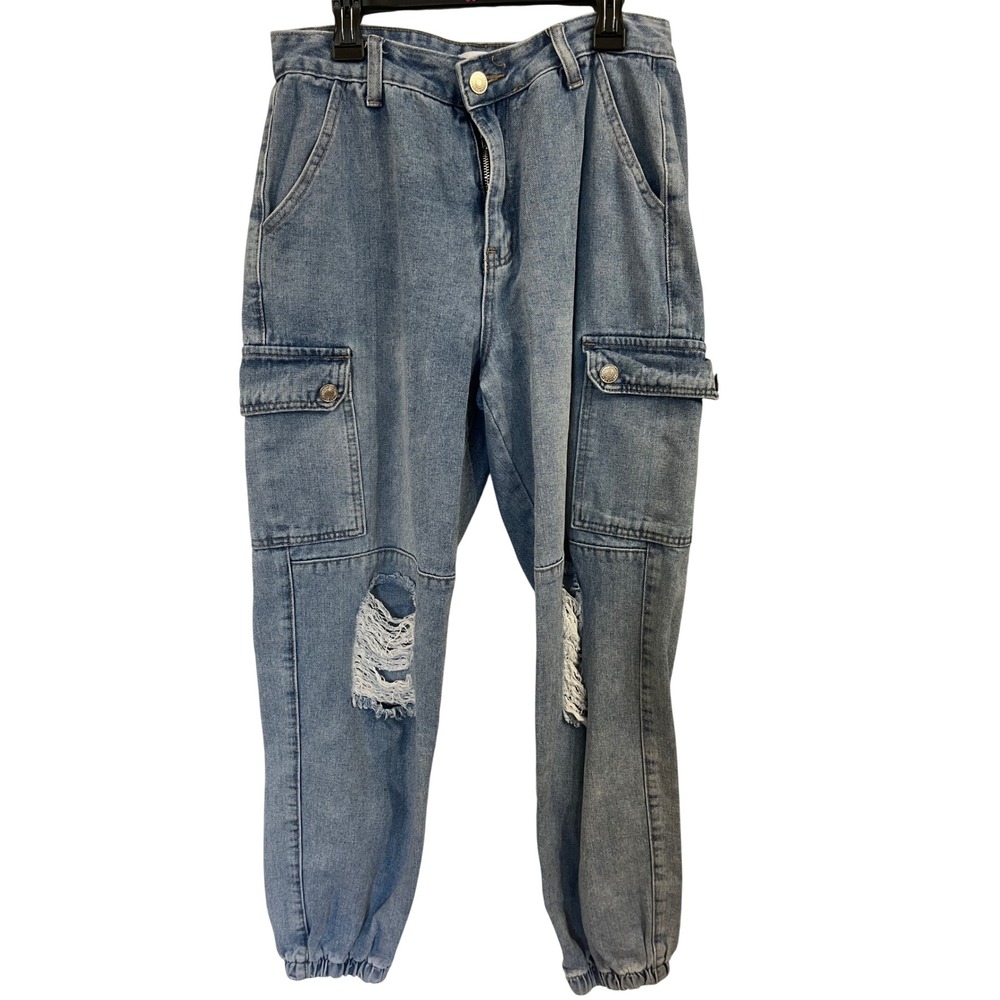 Forever 21 Light Wash Distressed Cargo Jogger Jeans Womens Medium High Rise